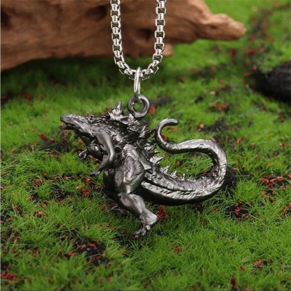 Vintage inspired Godzilla Necklace, deep gray, engraved detailing, unique - Picture 1 of 5